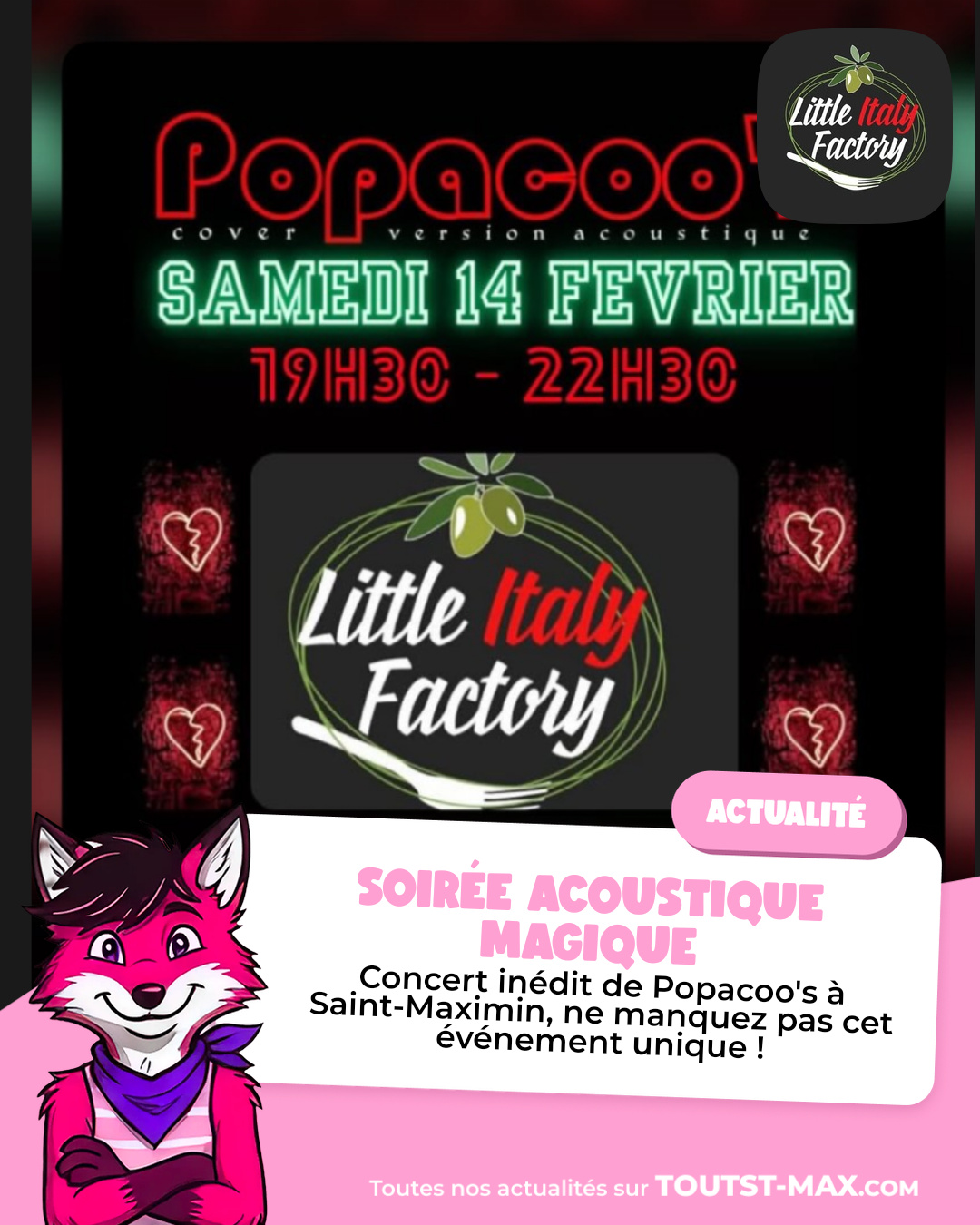 Concert acoustique Saint-Valentin Little Italy Factory Saint-Maximin